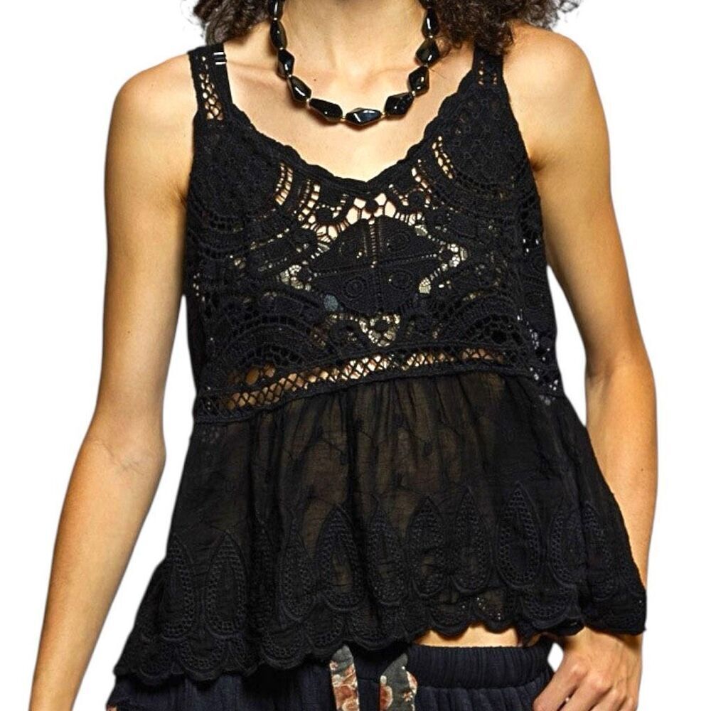POL Lace Tank Black Crochet Peplum Boho Festival NEW